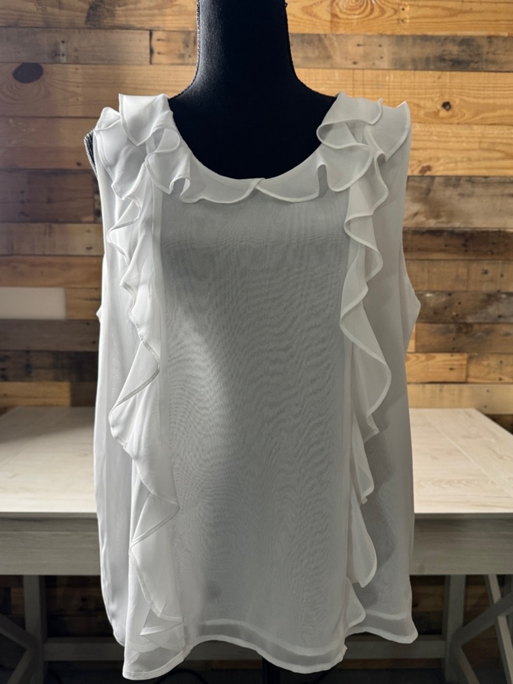 Calvin Klein White Ruffle Trim Sleeveless Blouse